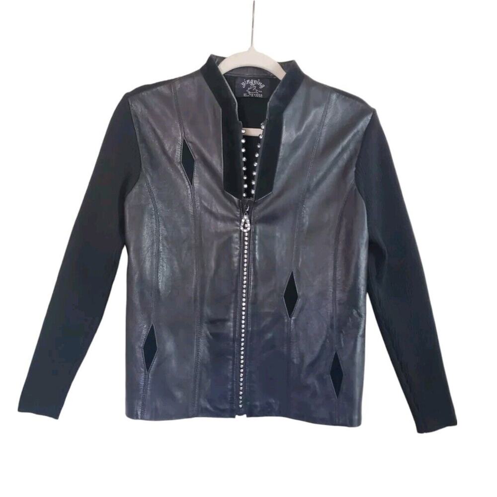 Genuine Leather Ying Ying of Nevada Black Rhinestone Zip Sweater Jacket Sz Small